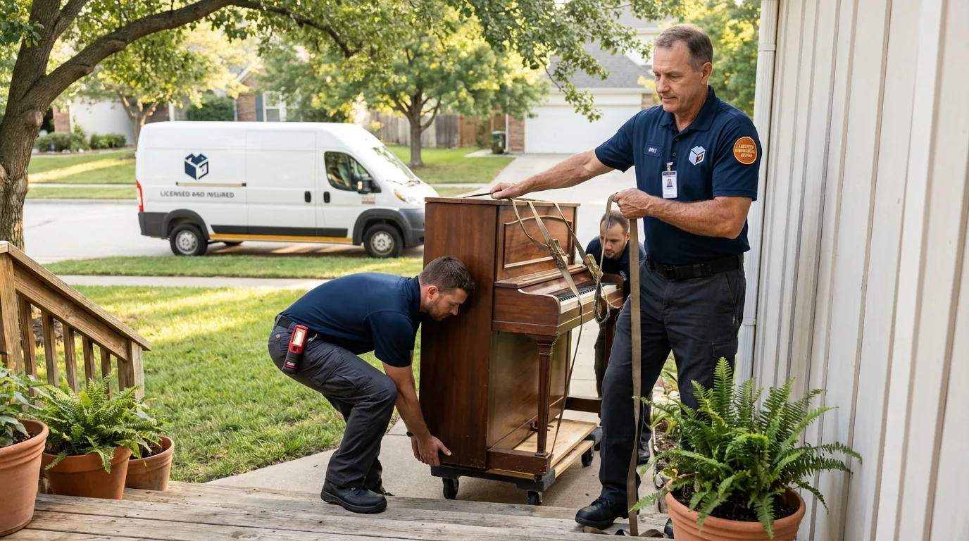 Licensed piano movers securing grand piano in Rhinebeck, NY